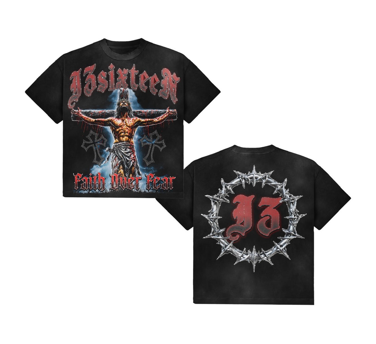Black/Red Jesus Rhinestones J3sixteen Tee
